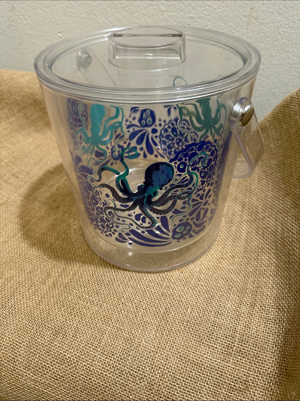 Clear Octopus Ice Bucket with Blue and Teal Design